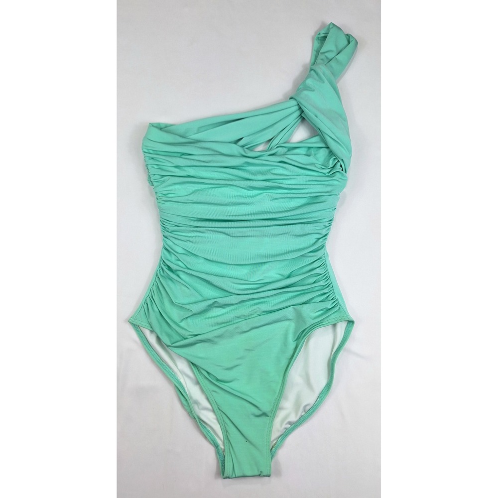1Sol Mint Green Ruched One‎ Shoulder Asymmetrical One Piece Swimsuit Small NEW
